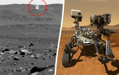 Still image shows the dust devil on Mars circled in red, alongside a photo of NASA's Perseverance
