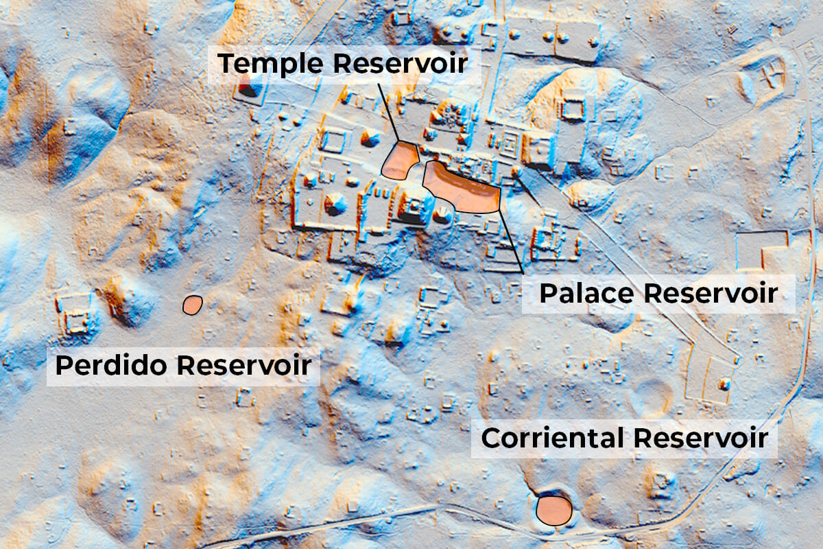 Lidar map of Tikal highlighting some of its reservoirs.