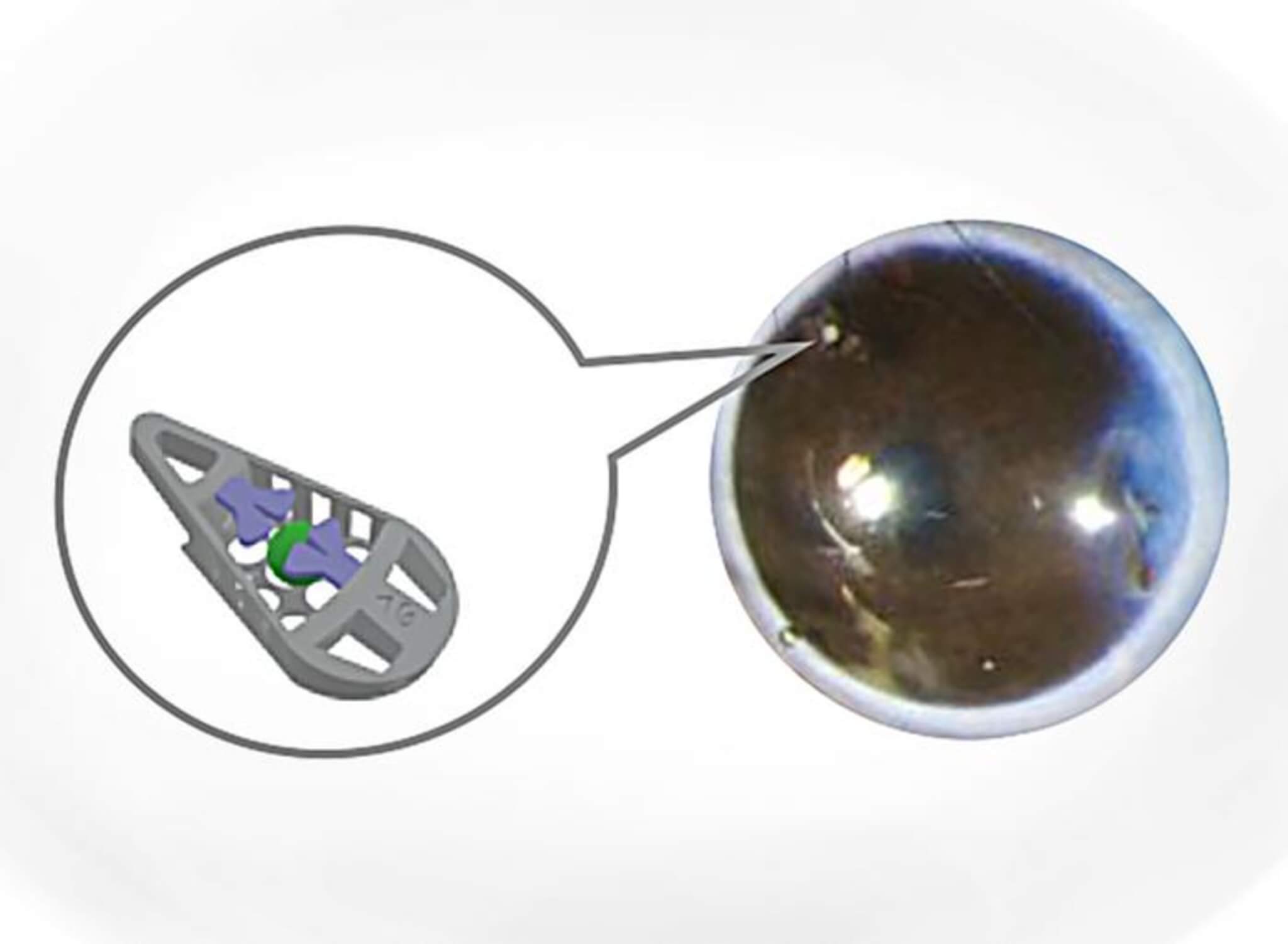 Illustration of the microdevice, and photograph of its position in the eye of a lab mouse