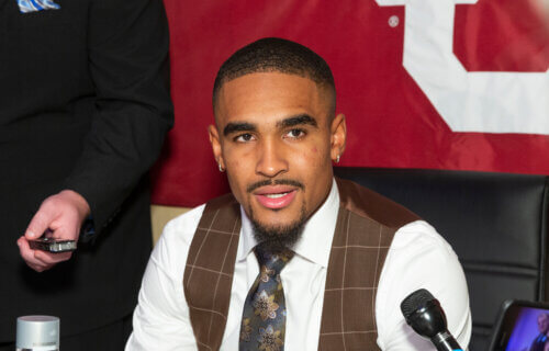 Jalen Hurts at a press conference in 2019