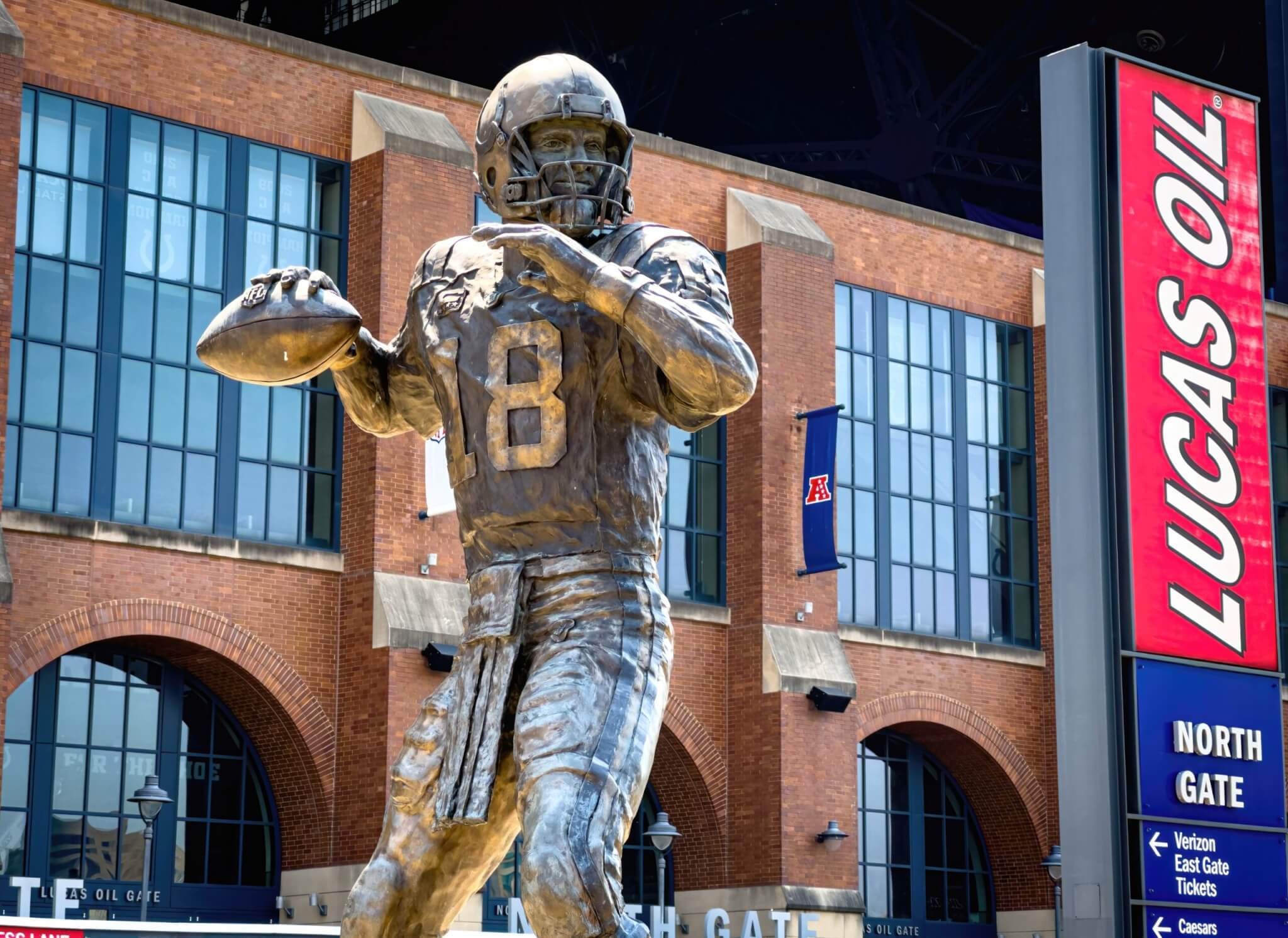 Peyton Manning statue in front of Lucas Oil Stadium, home to the Indianapolis Colts