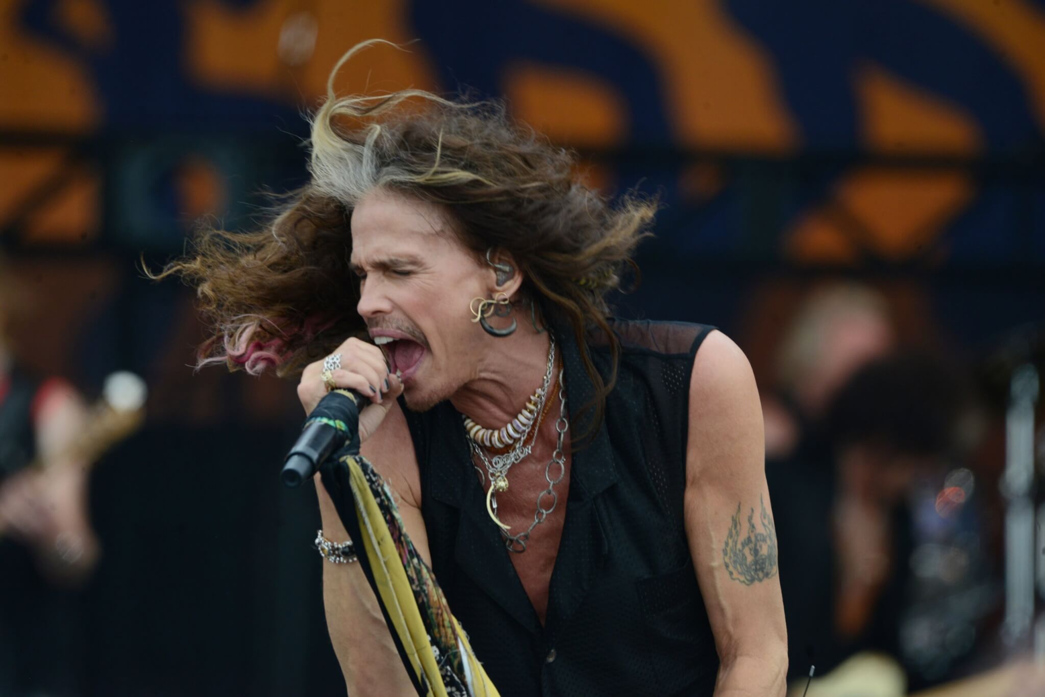 Lead singer of Aerosmith, Steven Tyler, performing in 2018 