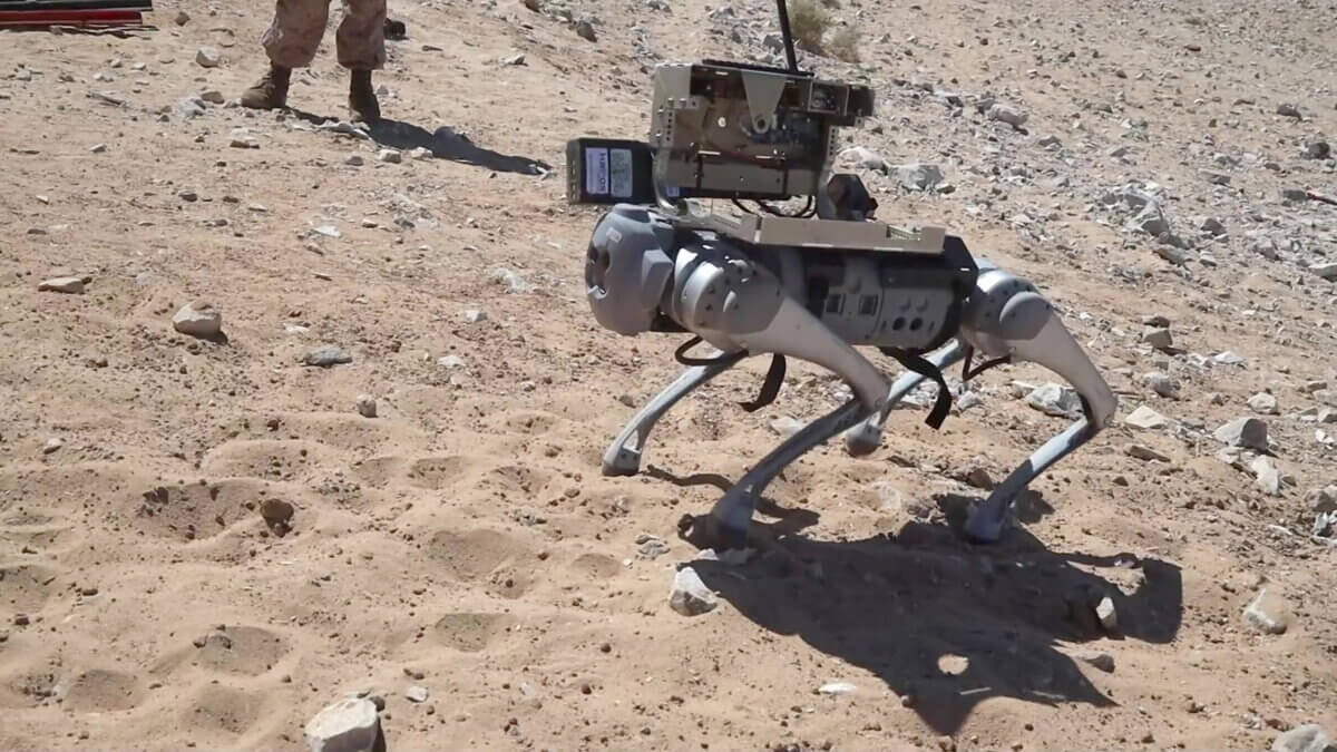 U.S. Marines conduct a proof-of-concept Robotic Goat, seen here with rocket launcher holding unit on back, at Marine Corps Air-Ground Combat Center, Twentynine Palms, California, Sept. 9, 2023.