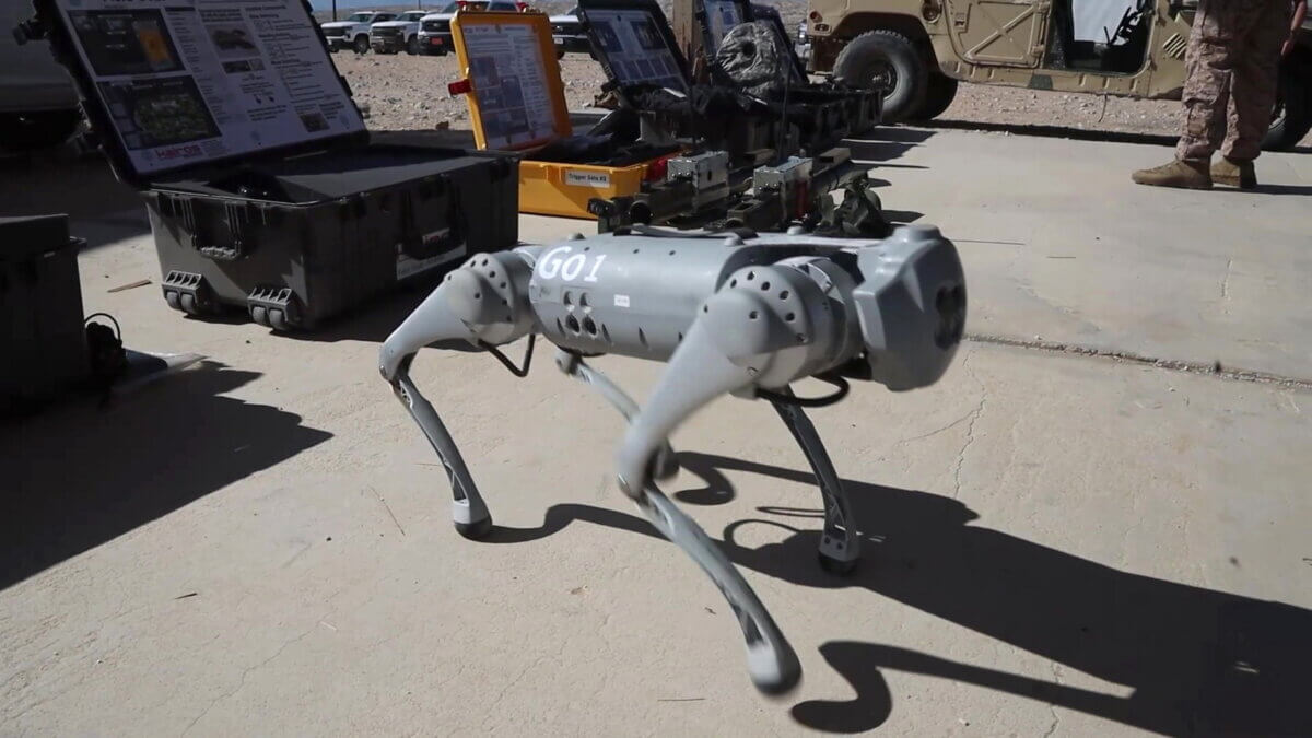 U.S. Marines show off the moves of a proof-of-concept Robotic Goat at Marine Corps Air-Ground Combat Center, Twentynine Palms, California, Sept. 9, 2023. Photo released October 19, 2023. 