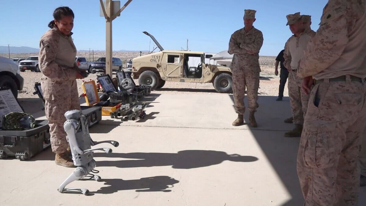U.S. Marines show off the moves of a proof-of-concept Robotic Goat at Marine Corps Air-Ground Combat Center, Twentynine Palms, California, Sept. 9, 2023. Photo released October 19, 2023.