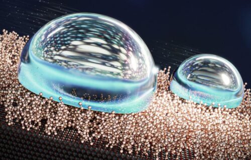 An artist's depiction of the liquid-like layer of molecules repelling water droplets.