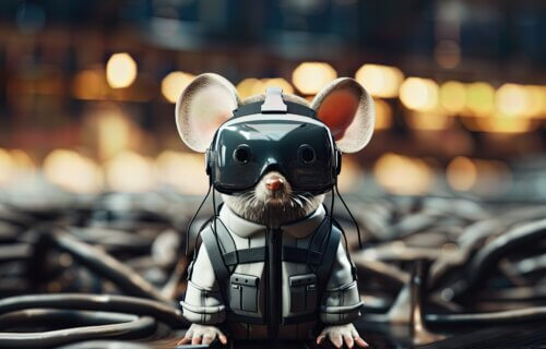 Mouse wearing a tiny virtual reality glasses