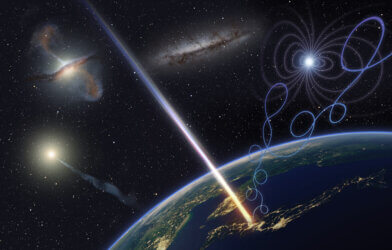 Artist’s illustration of ultra-high-energy cosmic ray astronomy to clarify extremely energetic phenomena in contrast to a weaker cosmic ray that is impacted by electromagnetic fields