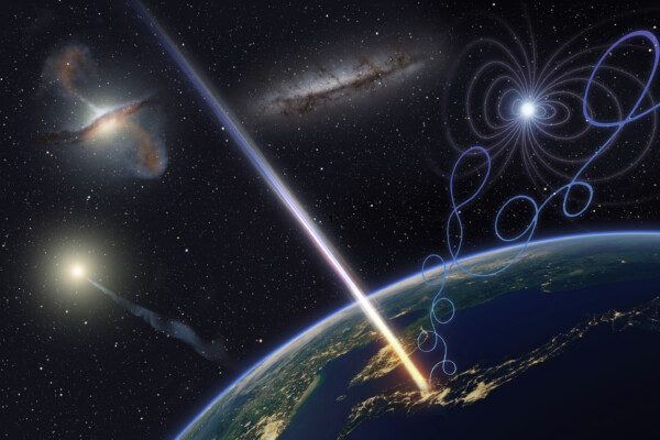 Artist’s illustration of ultra-high-energy cosmic ray astronomy to clarify extremely energetic phenomena in contrast to a weaker cosmic ray that is impacted by electromagnetic fields