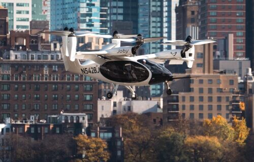 The Joby Aviation aircraft performs first ever electric air taxi flight over New York City