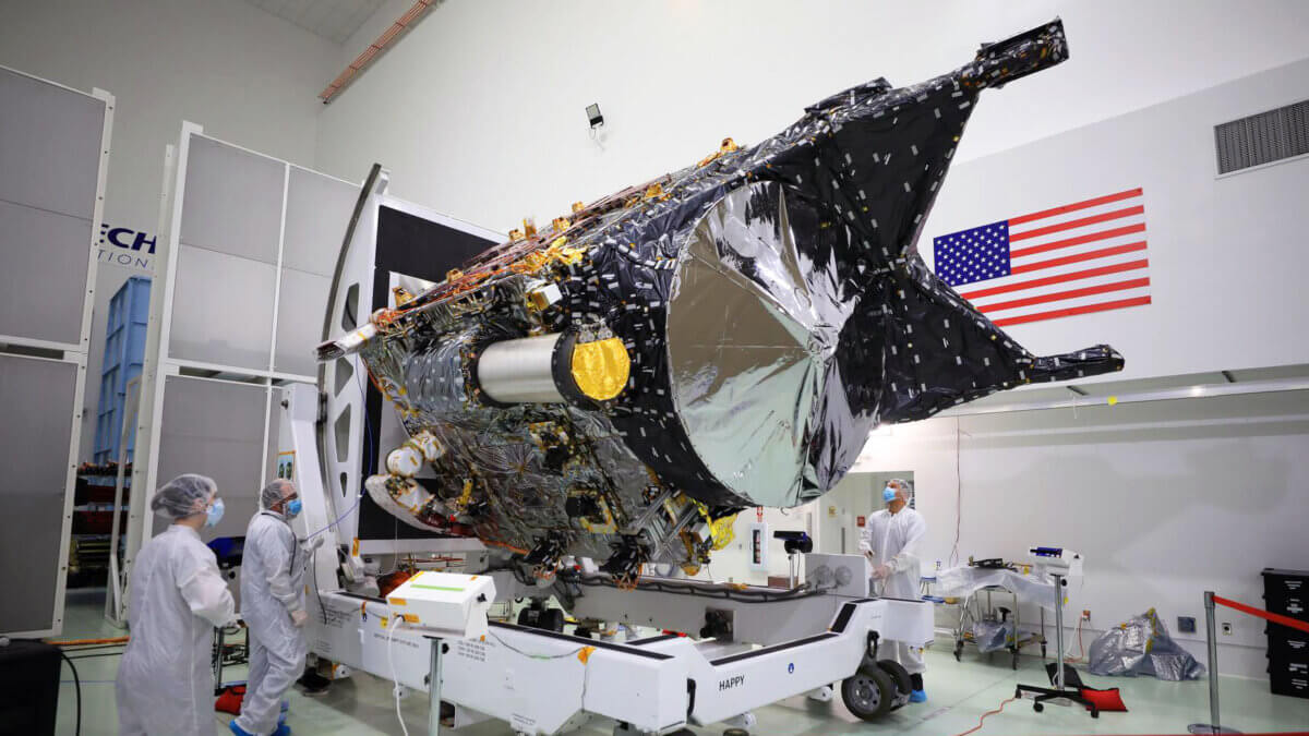 NASA’s Psyche spacecraft is shown in a clean room at the Astrotech Space Operations facility near the agency’s Kennedy Space Center in Florida on Dec. 8, 2022