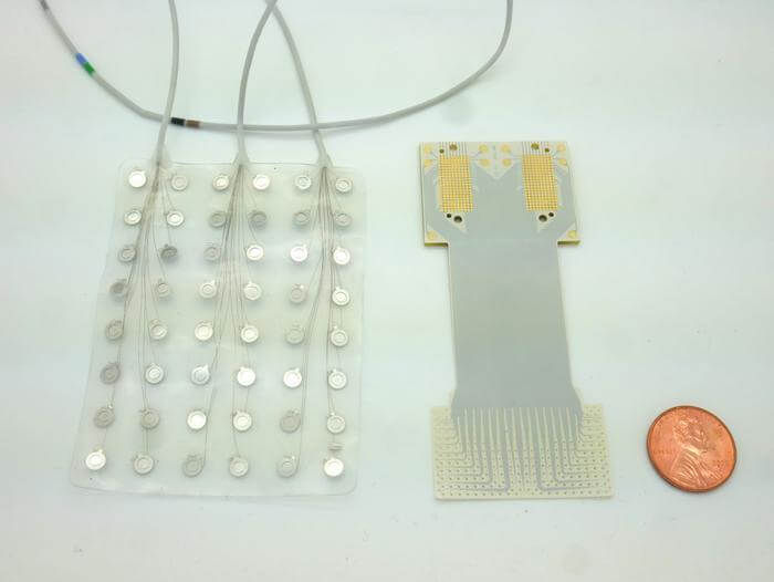 Compared to current speech prosthetics with 128 electrodes (left), Duke engineers have developed a new device that accommodates twice as many sensors in a significantly smaller footprint.