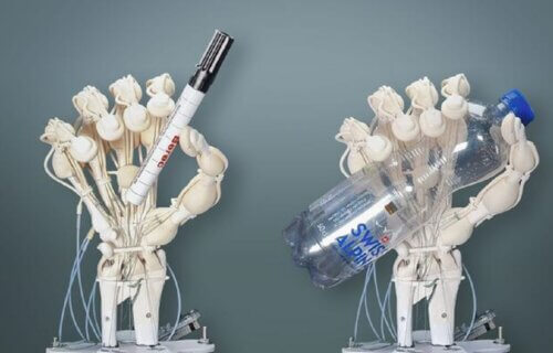 Image montage of the soft robotic hand holding objects.