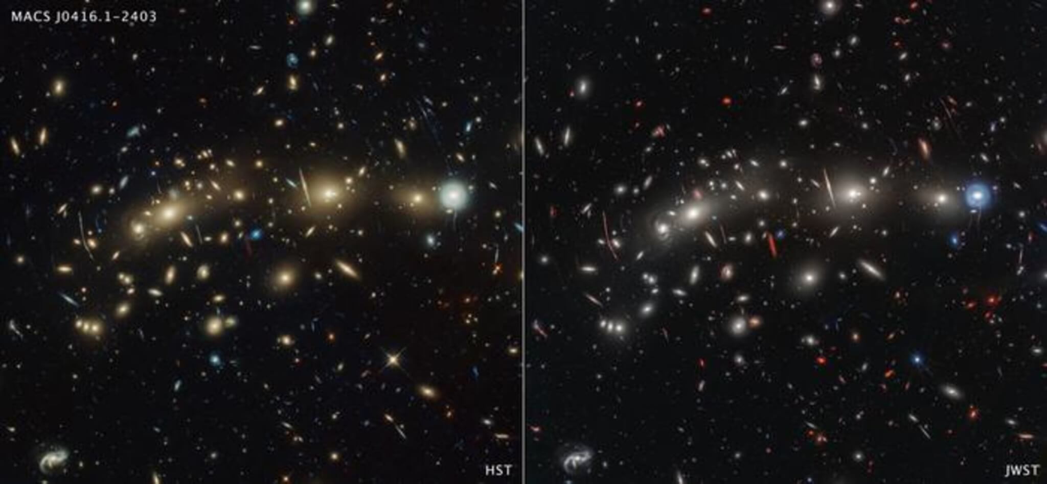 This side-by-side comparison of galaxy cluster MACS0416 as seen by the Hubble Space Telescope in optical light (left) and the James Webb Space Telescope in infrared light (right) reveals different details