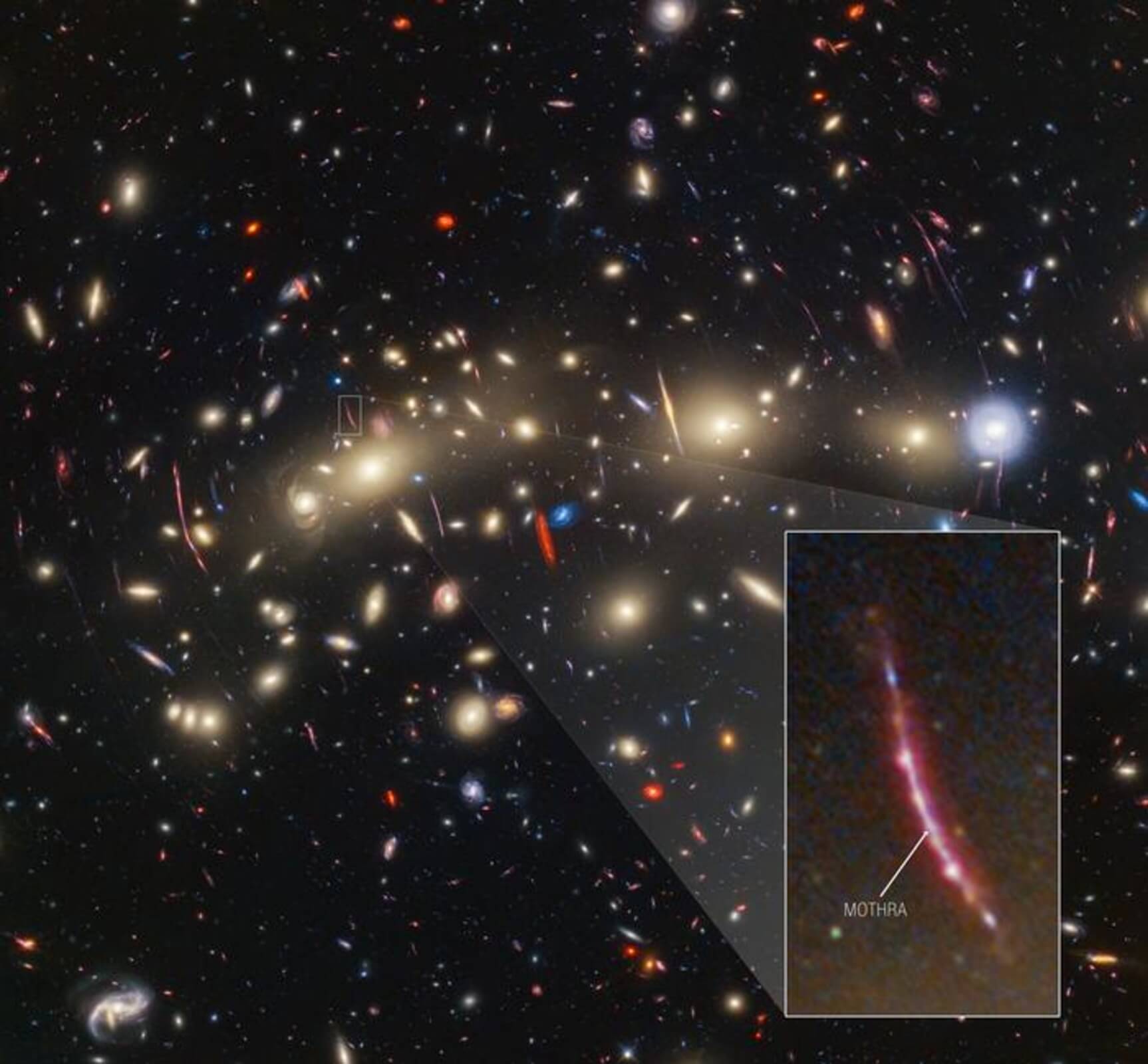 This image of galaxy cluster MACS0416 highlights one particular gravitationally lensed background galaxy, which existed about 3 billion years after the big bang
