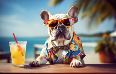 French bulldog in sunglasses sunbathing at seaside resort