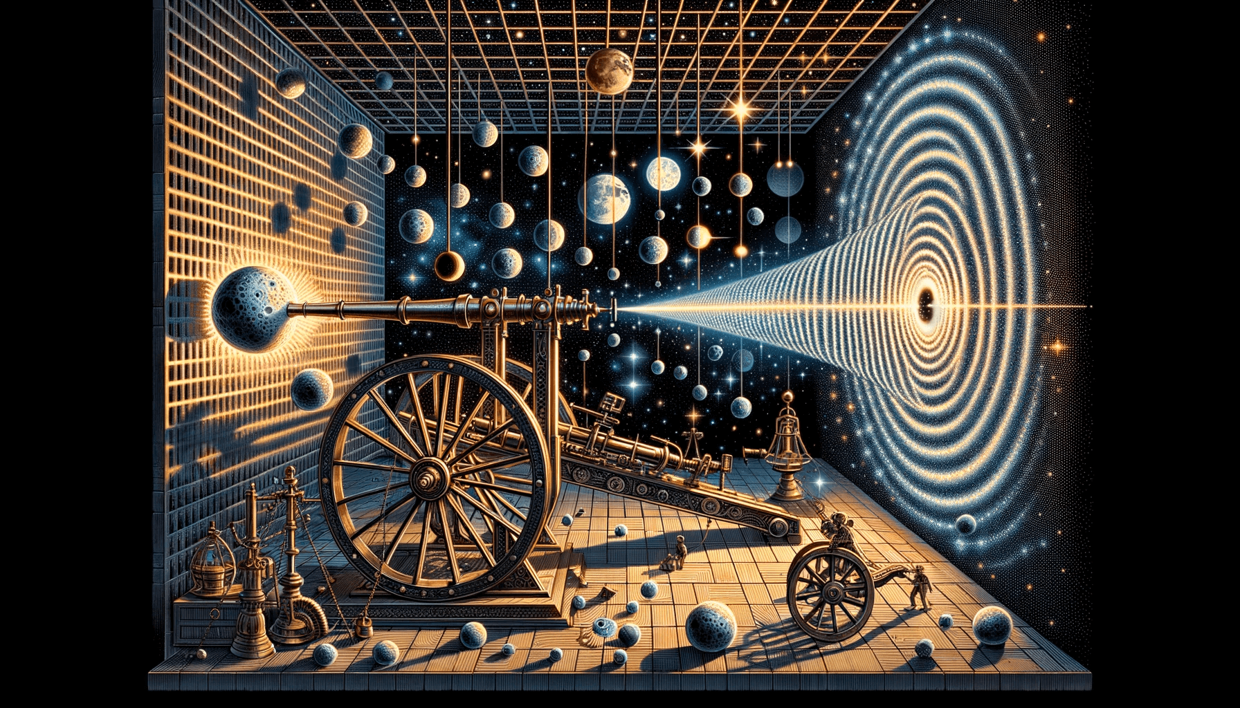 The image depicts an experiment in which heavy particles (illustrated as the moon), cause an interference pattern (a quantum effect), while also bending spacetime