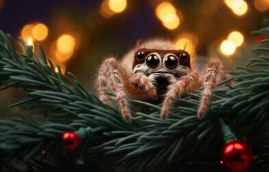 A cute jumping spider hiding in a Christmas tree