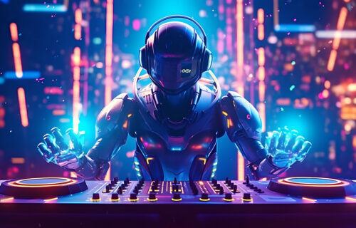 Futuristic robot DJ pointing and playing music on turntables.