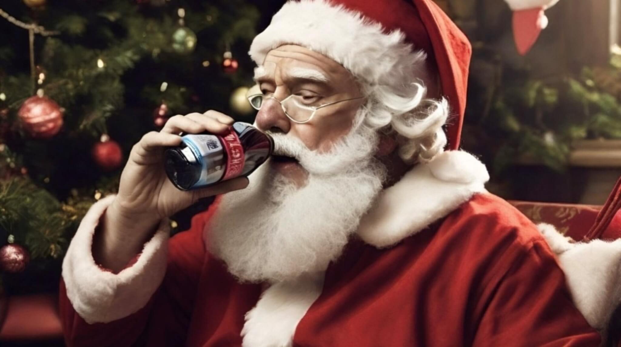 Image of Santa Claus drinking a bottle of soda