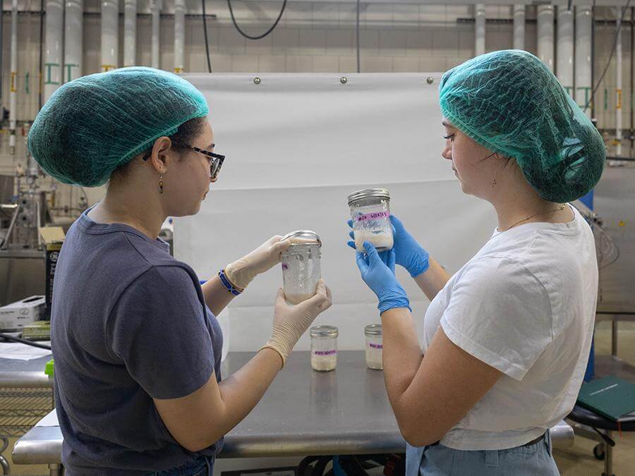 Maya Tanikawa-Brown, left, a Penn State Summer Research Opportunities Program scholar, and food science graduate student Ashley Ohstrom examine sourdough fermentations. They are assessing the activity of the sourdough cultures by observing dough rise and bubble formation. 