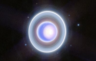 This image of Uranus from NIRCam (Near-Infrared Camera) on NASA’s James Webb Space Telescope exquisitely captures Uranus’s seasonal north polar cap and dim inner and outer rings
