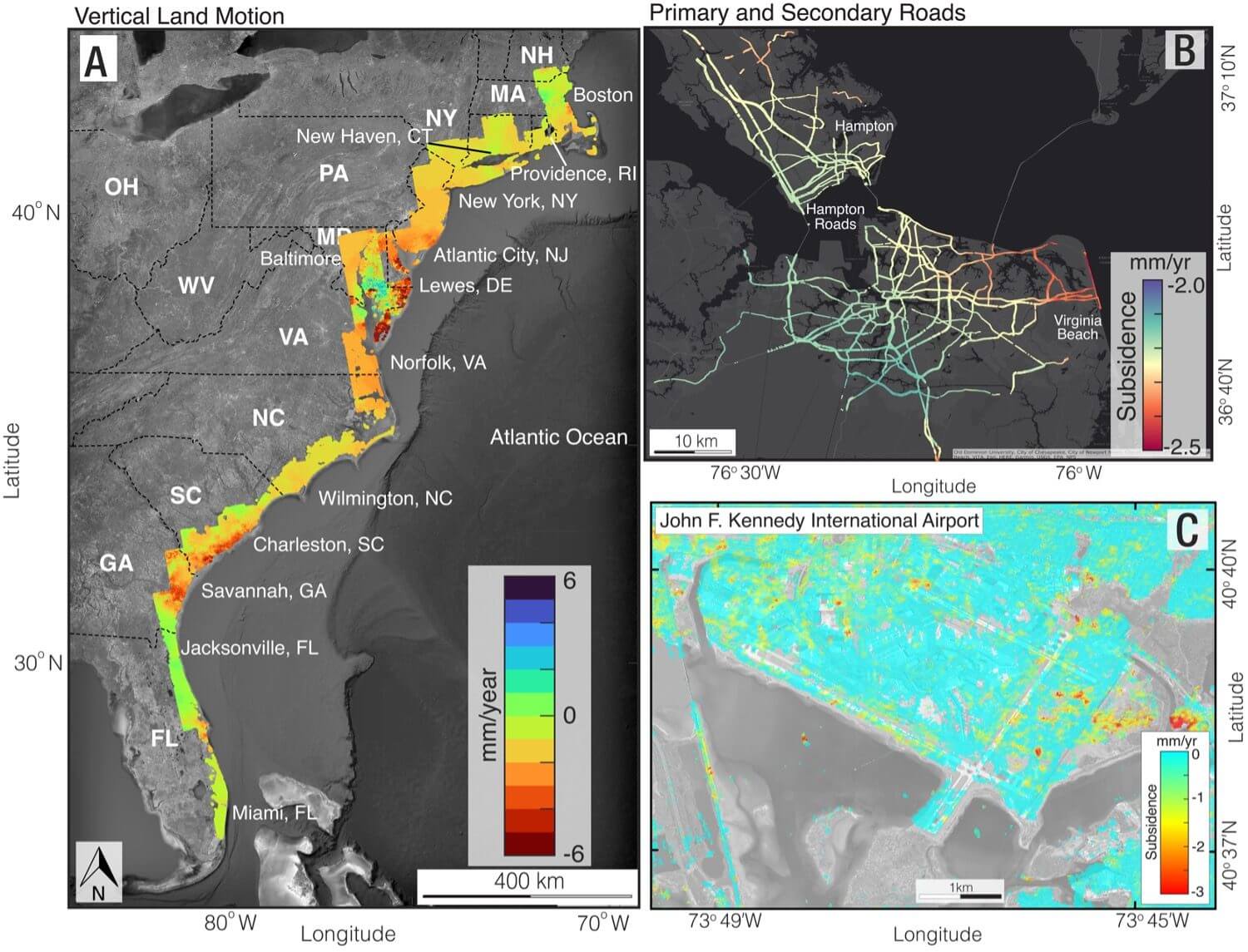 Graphic features: a spatial map of vertical land motion on the East Coast (left panel); primary, secondary, and interstate roads on Hampton Roads, Norfolk, and Virginia Beach, Virginia (top right panel); and John F. Kennedy International Airport, New York (bottom right panel). The yellow, orange and red areas on these maps denote areas of sinking. 
