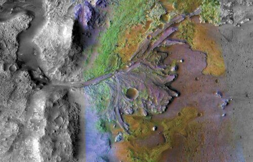 An aerial photo shows the remains of a delta where a water source once fed an ancient lake at the Jezero crater on Mars