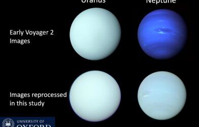 (Voyager 2/ISS images of Uranus and Neptune released shortly after the Voyager 2 flybys in 1986 and 1989, respectively, compared with a reprocessing of the individual filter images in this study to determine the best estimate of the true colors of these planets.