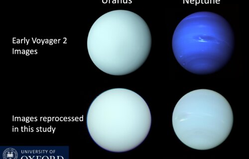 (Voyager 2/ISS images of Uranus and Neptune released shortly after the Voyager 2 flybys in 1986 and 1989, respectively, compared with a reprocessing of the individual filter images in this study to determine the best estimate of the true colors of these planets.
