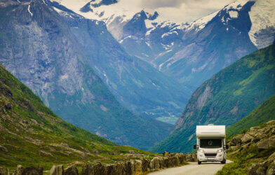 RV driving the scenic route through mountains