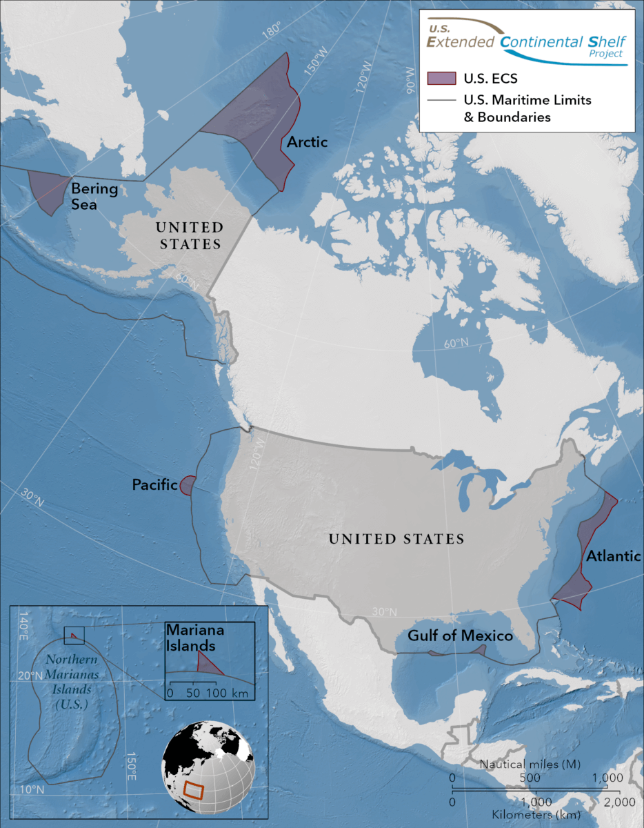 The United States has ECS in seven offshore areas: the Arctic, Atlantic (east coast), Bering Sea, Pacific (west coast), Mariana Islands, and two areas in the Gulf of Mexico. The U.S. ECS area is approximately one million square kilometers – an area about twice the size of California. 