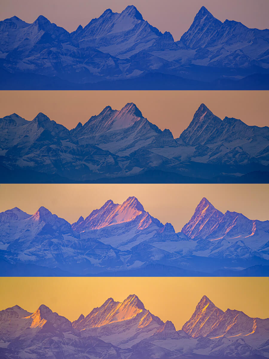The most striking changes in brightness and light color occur at sunrise and sunset