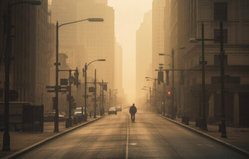 person walking on empty street in city