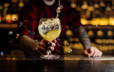A bartender serving up a gin and tonic