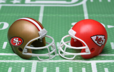 Helmets for the Kansas City Chiefs and San Francisco 49ers, opponents in Super Bowl LVIII.