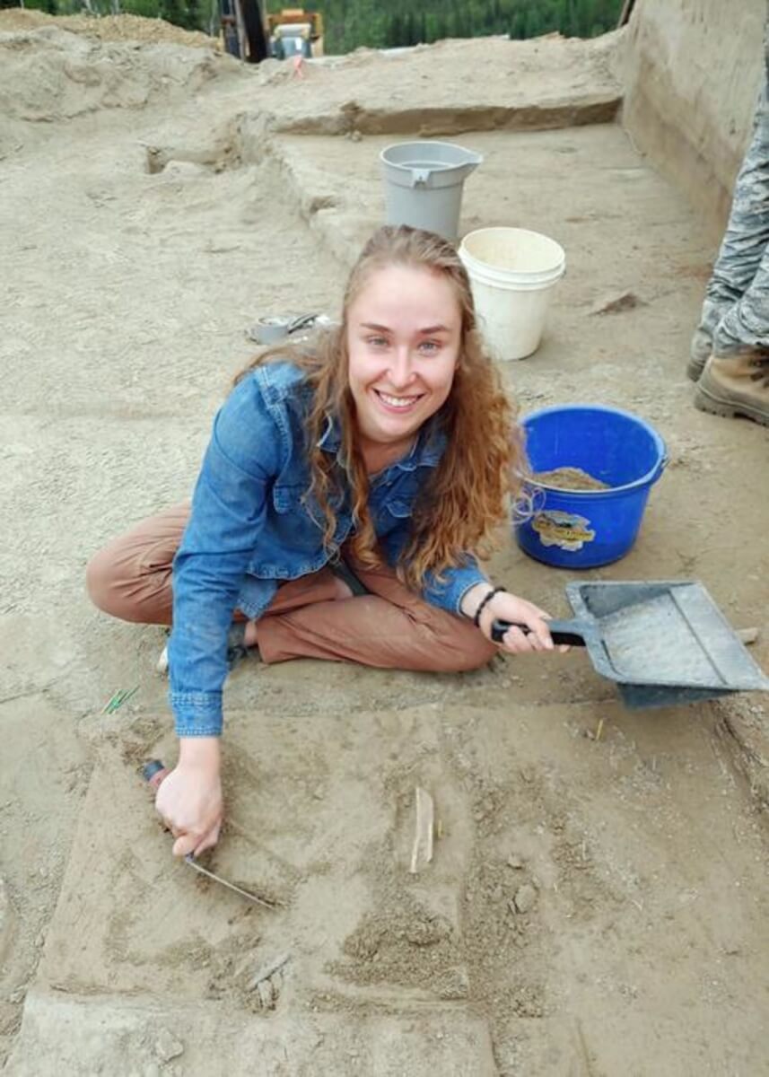 University of Alaska Fairbanks PhD student Audrey Rowe works on a project near the Swan Point archaeological site, where a mammoth tusk she studied was found