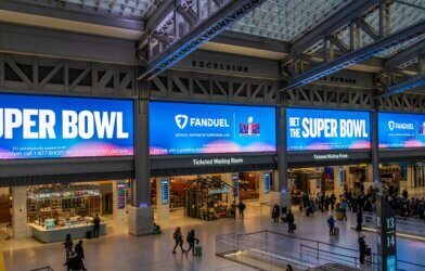Advertising for FanDuel, online sports gambling, in the Moynihan Train Hall of Pennsylvania Station in prior to the Super Bowl.