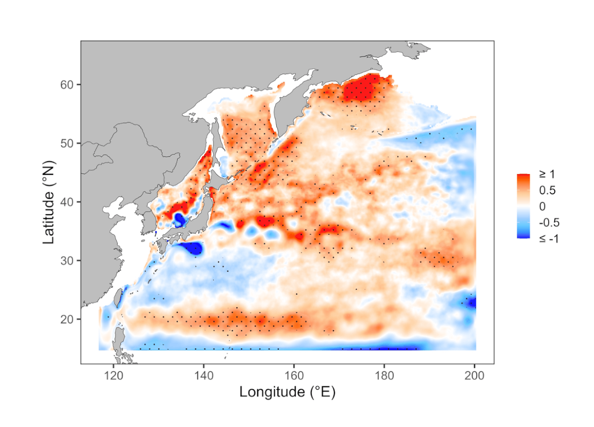 This image shows the mean vertical temperature difference at the 0.5- to 200-meter sublayers of the North Pacific Ocean, from 1982-1989 and 2007-2014