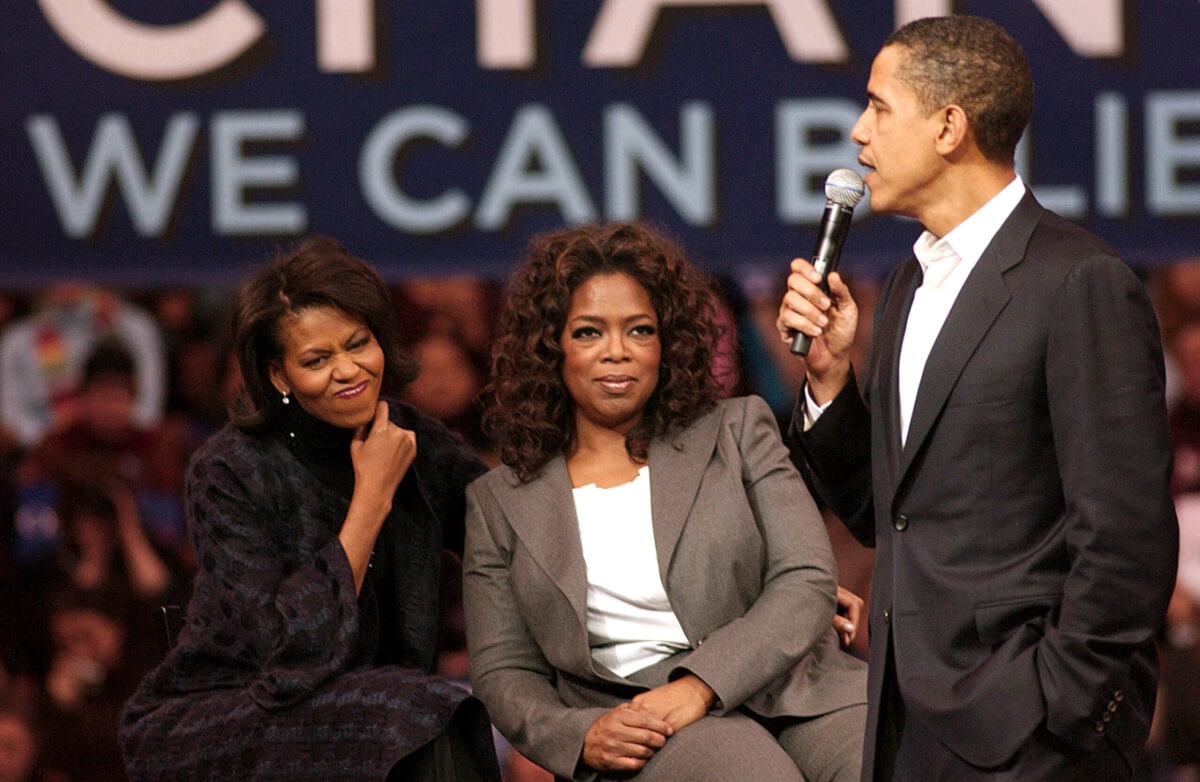 Michelle Obama, Oprah Winfrey, Barack Obama attending Barack Obama Campaign Rally for Democratic Presidential Primary 
