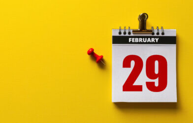 Wall calendar with red February 29th number marked as leap year
