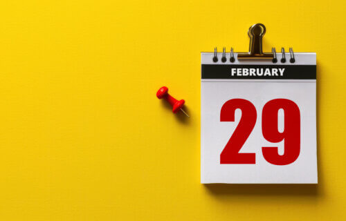Wall calendar with red February 29th number marked as leap year