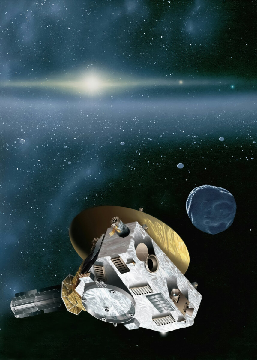 This is an artist's rendering of the New Horizons spacecraft encountering a Kuiper Belt object – a city-sized icy relic left over from the birth of our solar system