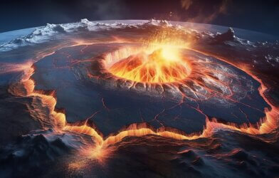 Artwork of the Ring of Fire, a region of tectonic plate boundaries around the Pacific Ocean.