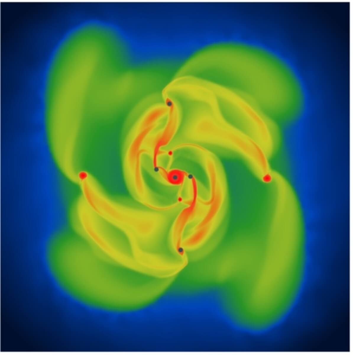 Computer simulation of planets forming in a protostellar disc