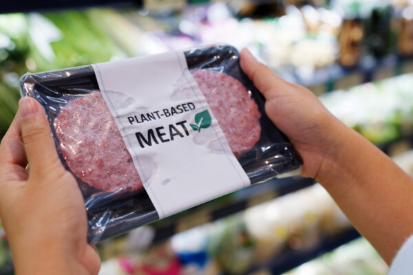 Close-up of shopper holding plant-based meat
