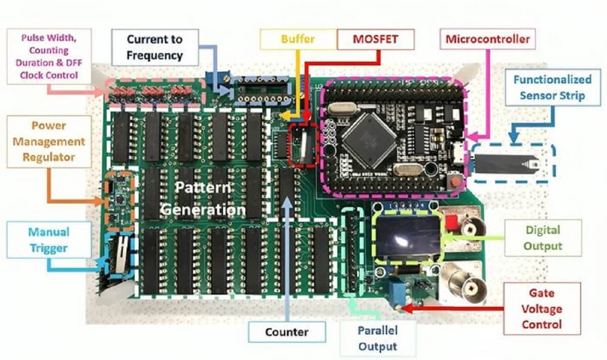 The printed circuit board used in the saliva-based biosensor, which can detect breast cancer biomarkers from extremely small saliva samples in about five seconds, costs about $5. The design uses widely available components such as common glucose testing strips and the open-source Arduino platform.