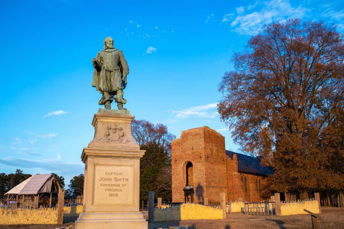 A statue for Captain John Smith, Governor of Virginia, at the Jamestown historical settlement
