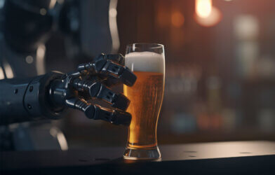 Robotic hand holding beer.