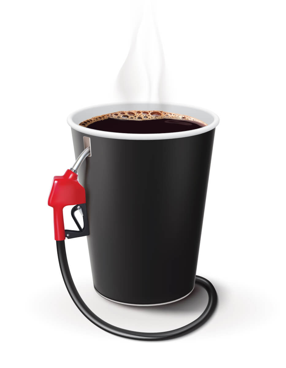 Paper cup of coffee with gasoline dispenser.
